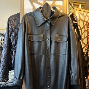 Faux leather black shacket with belt and pockets